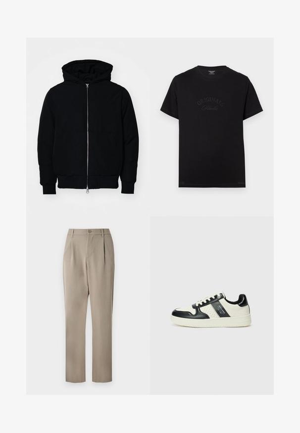 Sort hættejakke med frontlynlås, kængurulomme, ribbede manchetter og kant, præsenteret på en ensfarvet hvid baggrund.; Sort bomulds t-shirt med korte ærmer og rund halsudskæring. Har "ORIGINALS Studio" prægede i tonal skrift på forsiden.; Khaki bukser med lige ben, der har en knaplukning og plisseret foran. Fremstillet af glat stof med mat finish.; Lædersneakers i sort og creme farveskema, med perforerede detaljer, en polstret krave og en struktureret ydersål.
