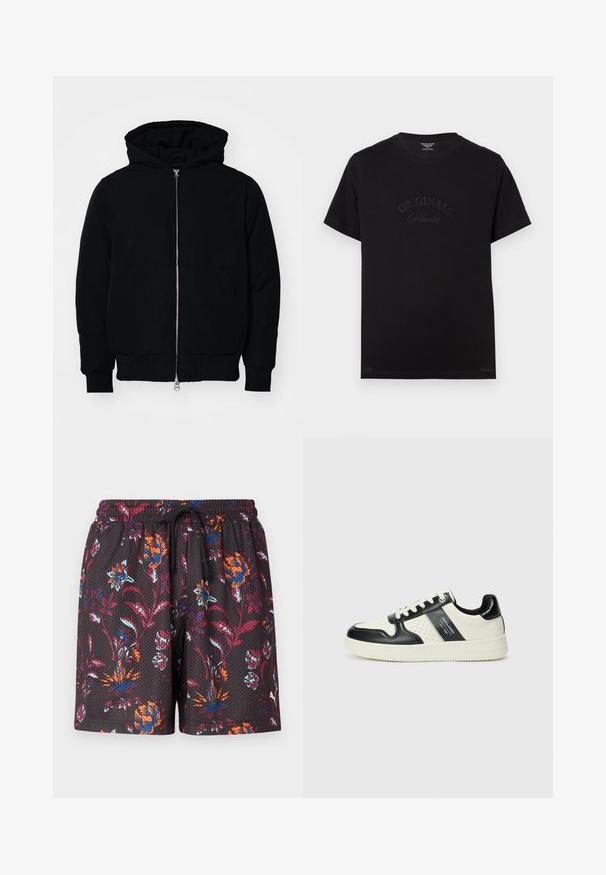 Juodas gobtuvėlis su priekiniu užtrauktuku, kengūros tipo kišene, lygiais rankogaliais ir apvadu, pateiktas ant vientiso balto fono.; Juodas medvilninis marškinėliai su trumpomis rankovėmis ir apvaliu iškirpimu. Priekyje turi įspaustą tekstą "ORIGINALS Studio" toninėmis raidelėmis.; Juodos tinklinės šortai su ryškių gėlių raštu raudonos, mėlynos ir oranžinės spalvų. Elastinga juostos su raišteliu užbaigia dizainą.; Odiniai sportbačiai juodos ir kreminės spalvų schemoje, su perforuotais akcentais, paminkštinta apykakle ir tekstūruotu padu.
