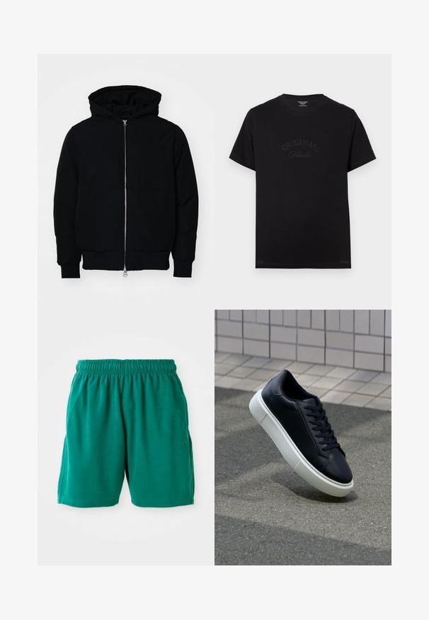 Melna kapucēta jaka ar priekšējo rāvējslēdzēju, kenguru kabatu, ribinātām aprocēm un apakšmalu, parādīta uz vienkārša balta fona.; Melnas kokvilnas T-krekls ar īsām piedurknēm un apaļu izgriezumu. Priekšpusē ir izceltas ar tonālām burtiem "ORIGINALS Studio".; Zaļi kokvilnas šorti ar elastīgu jostasvietu, sānu kabatām un piešūtu maliņu. Gluda tekstūra ar brīvu, ikdienišķu piegriezumu.; Melnas ādas kedas ar noapaļotu pirkstu un baltu gumijas zoli. Iespējas - plakanas šņorītes un minimāla apdare augšdaļā. Struktūrēta zole, lai nodrošinātu saķeri.