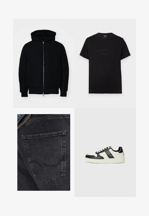 Giacca nera con cappuccio, dotata di zip frontale, tasca a marsupio, polsini e orlo a coste, esposta su uno sfondo bianco semplice.; T-shirt in cotone nero con maniche corte e scollatura rotonda. Presenta la scritta "ORIGINALS Studio" in rilievo con lettering tonale sul davanti.; Jeans in denim nero con una tasca posteriore caratterizzata da dettagli di cucitura sottili. La texture è leggermente usurata con una finitura morbida e sbiadita.; Sneakers in pelle con una combinazione di colori nero e crema, dotati di dettagli perforati, collare imbottito e suola testurizzata.