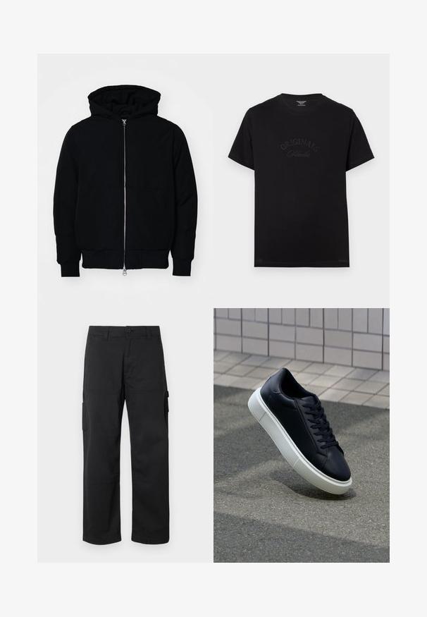 Juodas gobtuvėlis su priekiniu užtrauktuku, kengūros tipo kišene, lygiais rankogaliais ir apvadu, pateiktas ant vientiso balto fono.; Juodas medvilninis marškinėliai su trumpomis rankovėmis ir apvaliu iškirpimu. Priekyje turi įspaustą tekstą "ORIGINALS Studio" toninėmis raidelėmis.; Juodi krovinių kelnės su tiesiais kojomis, daugybe šoninių kišenių ir mygtukų užsegimu. Pagamintos iš patvarios, lengvos medžiagos.; Juodas odinis sportbačius su apvaliu pirštu ir baltu gumuotu padu. Turi plokščias raišteles ir minimalų siuvimą viršuje. Padangos tekstūra užtikrina sukibimą.