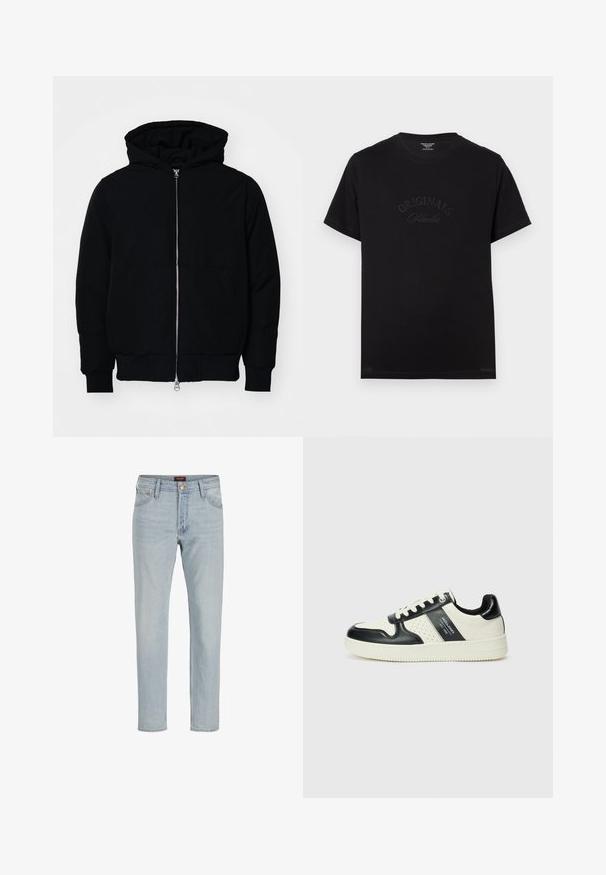 Black hooded jacket with front zipper, kangaroo pocket, ribbed cuffs, and hem, displayed on a plain white background.; Black cotton t-shirt with short sleeves and a round neckline. Features "ORIGINALS Studio" embossed in tonal lettering on the front.; Light blue denim jeans with a straight cut, five-pocket design, button closure, and slightly faded texture.; Leather sneakers with a black and cream color scheme, featuring perforated accents, a padded collar, and a textured outsole.