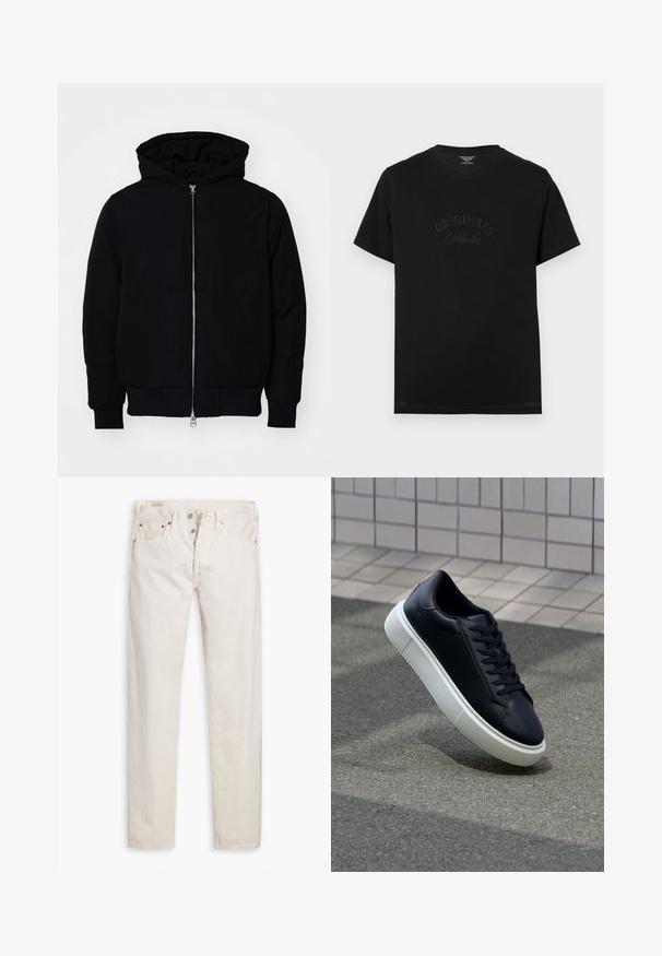 Melna kapucēta jaka ar priekšējo rāvējslēdzēju, kenguru kabatu, ribinātām aprocēm un apakšmalu, parādīta uz vienkārša balta fona.; Melnas kokvilnas T-krekls ar īsām piedurknēm un apaļu izgriezumu. Priekšpusē ir izceltas ar tonālām burtiem "ORIGINALS Studio".; Off-white augstās jostasvietas šaurās bikses ar pogu aizdari, piecām kabatām un vara kniedēm, izklātas uz balta fona.; Melnas ādas kedas ar noapaļotu pirkstu un baltu gumijas zoli. Iespējas - plakanas šņorītes un minimāla apdare augšdaļā. Struktūrēta zole, lai nodrošinātu saķeri.