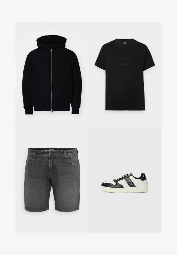 Black hooded jacket with front zipper, kangaroo pocket, ribbed cuffs, and hem, displayed on a plain white background.; Black cotton t-shirt with short sleeves and a round neckline. Features "ORIGINALS Studio" embossed in tonal lettering on the front.; Black denim shorts featuring a classic five-pocket design, button closure, and stitching accents. Made from durable cotton material.; Leather sneakers with a black and cream color scheme, featuring perforated accents, a padded collar, and a textured outsole.
