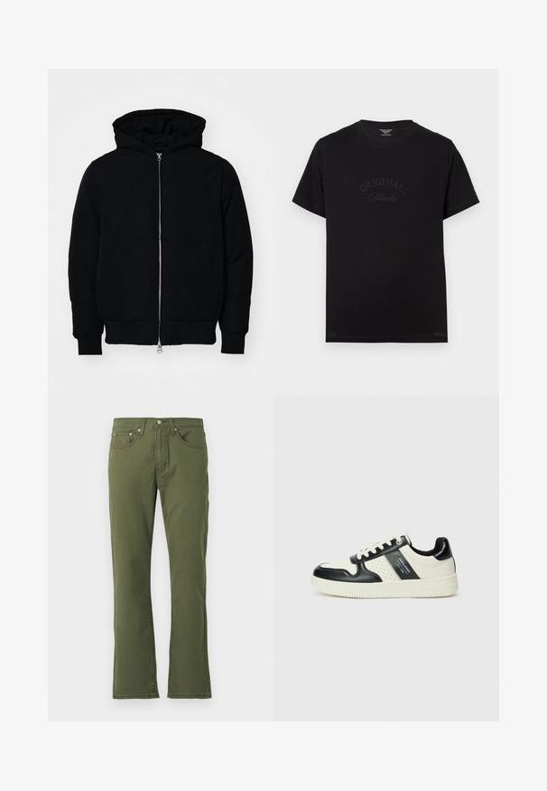 Jachetă neagră cu glugă, cu fermoar în față, buzunar tip kangaroo, mansete și tiv ribbed, prezentată pe un fundal alb simplu.; Tricou din bumbac negru, cu mâneci scurte și guler rotund. Prezintă inscripția "ORIGINALS Studio" debossată în tonuri pe partea din față.; Jeans evazați de culoare verde măsliniu, confecționați din bumbac cu o textură netedă; au cinci buzunare, închidere cu nasture și detalii de cusătură subtile.; Tenisi din piele cu un scheme de culori negru și crem, dotati cu accente perforate, guler căptușit și o talpă texturată.