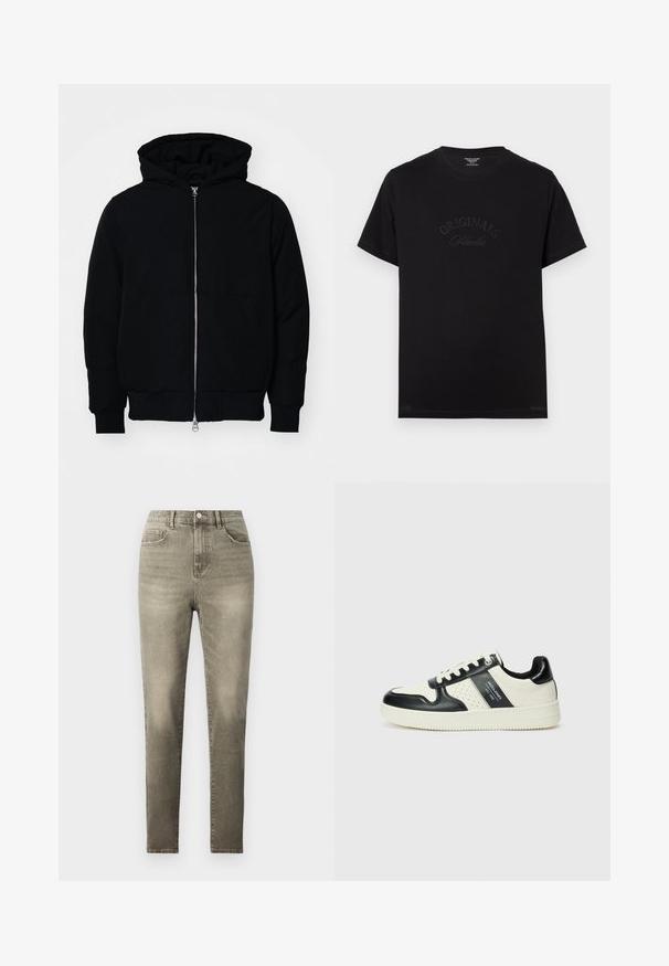 Juodas gobtuvėlis su priekiniu užtrauktuku, kengūros tipo kišene, lygiais rankogaliais ir apvadu, pateiktas ant vientiso balto fono.; Juodas medvilninis marškinėliai su trumpomis rankovėmis ir apvaliu iškirpimu. Priekyje turi įspaustą tekstą "ORIGINALS Studio" toninėmis raidelėmis.; Pilkos aukštos juosmens džinsai iš džinsinio audinio, su mygtukų uždarymu, penkiomis kišenėmis ir lieknu siluetu bei švelniu nusidėvėjimu.; Odiniai sportbačiai juodos ir kreminės spalvų schemoje, su perforuotais akcentais, paminkštinta apykakle ir tekstūruotu padu.