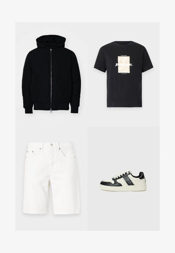 Chaqueta negra con capucha, cierre frontal, bolsillo tipo canguro, y puños y dobladillo acanalados, exhibida sobre un fondo blanco liso.; Camiseta de algodón negra con cuello redondo. Presenta un gráfico rectangular beige y texto blanco, "JAWO," centrado en la parte delantera. Mangas cortas.; Shorts de mezclilla blanca con corte recto, que cuentan con un cierre de botón en el frente, cinco bolsillos y detalles de costura sutiles.; Zapatillas de cuero con un esquema de colores negro y crema, que cuentan con acentos perforados, un collar acolchado y una suela texturizada.