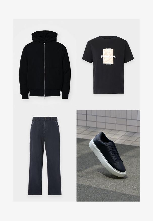 Giacca nera con cappuccio, dotata di zip frontale, tasca a marsupio, polsini e orlo a coste, esposta su uno sfondo bianco semplice.; Maglietta in cotone nera con collo tondo. Presenta una grafica rettangolare beige e il testo bianco, "JAWO," centrato sulla parte frontale. Maniche corte.; Pantaloni di cotone blu navy con design a gamba dritta. Presentano tasche anteriori, chiusura con bottone e dettagli di cucitura visibili.; Sneaker in pelle nera con punta arrotondata e suola in gomma bianca. Presenta lacci piatti e cuciture minime sulla parte superiore. Suola testurizzata per una migliore aderenza.