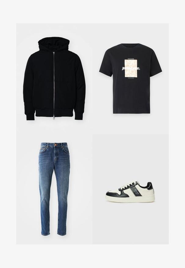 Fekete kapucnis dzseki elülső cipzárral, kenguruzsebbel, bordázott mandzsettákkal és aba, egy sima fehér háttér előtt.; Fekete pamut póló kerek nyakkal. Bézs téglalap alakú grafika és fehér szöveg található rajta, "JAWO," középen elhelyezve. Rövid ujjú.; Kék farmernadrág egyenes szárral, gombos záródással, öt zsebes kialakítással és enyhe kopással a textúra kontrasztja érdekében.; Fekete és krém színű bőrsneaker, perforált díszítésekkel, párnázott bokapánttal és texturált talppal.