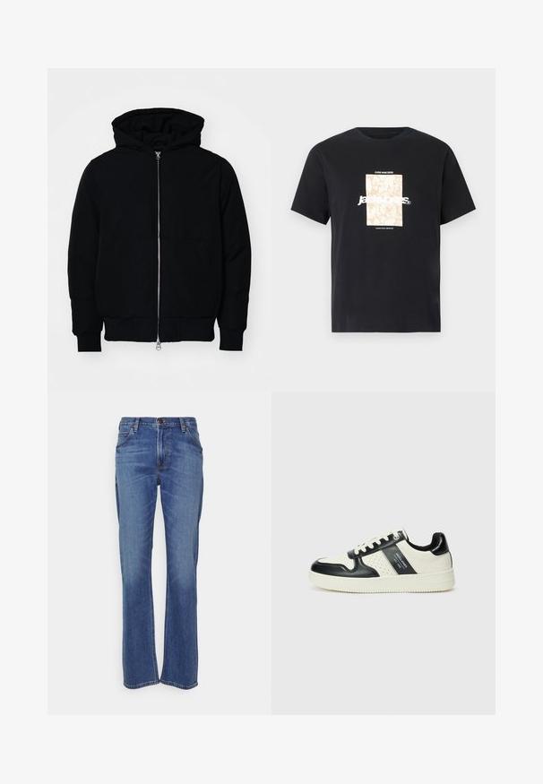 Črna kapuca jakna s sprednjim zadrgo, kenguru žepom, rebrastimi manšetami in hemom, razstavljena na enostavni beli ozadju.; Črna bombažna majica s krožnim izrezom. Ima bež pravokoten grafični vzorec in belo besedilo "JAWO," sredi spredaj. Kratke rokave.; Modre denim hlače z ravnim krojem, ki imajo gumbasto zapiranje, klasično pet žepno zasnovo in rahlo zbledelost okoli kolen.; Usnjeni športni čevlji z črno in krem barvno shemo, ki vključujejo perforirane dodatke, podložen ovratnik in strukturirano podplat.