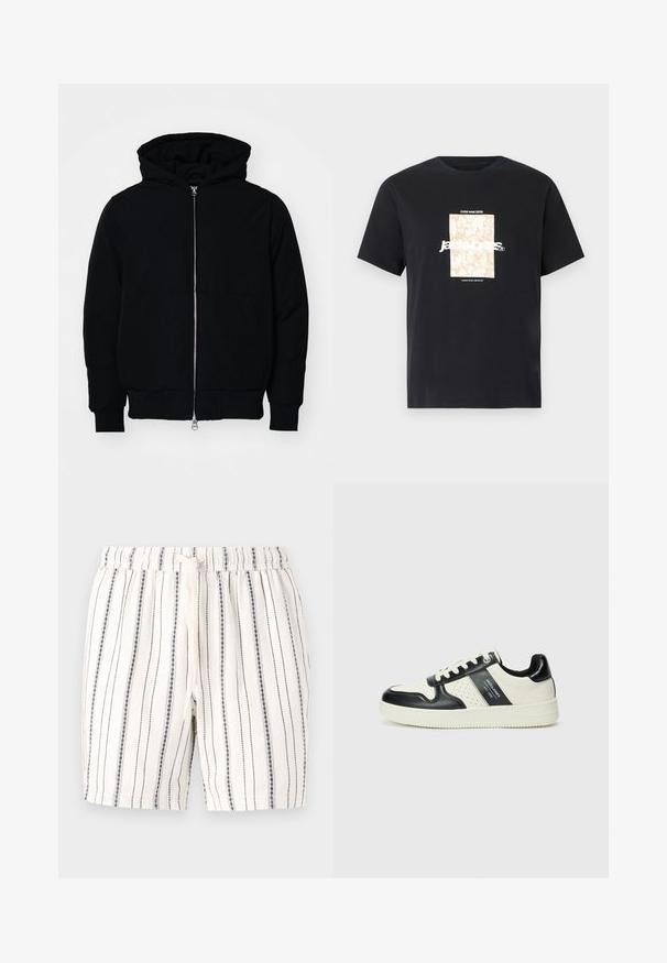 Melna kapucēta jaka ar priekšējo rāvējslēdzēju, kenguru kabatu, ribinātām aprocēm un apakšmalu, parādīta uz vienkārša balta fona.; Melna kokvilnas T-kreklā ar apaļu kakla izgriezumu. Priekšpusē ir beigu taisnstūra grafika un balti burti "JAWO", kas ir centrēti. Īsas piedurknes.; Baltas šorts ar vertikālām tumši zilām svītrām, ar elastīgu jostasvietu un auklu. Mīksta tekstūra ar ikdienišķu, vieglu dizainu.; Ādas sporta apavi ar melnbaltu krāsu shēmu, ar perforētiem akcentiem, mīkstinātu apkakli un teksturētu zoli.