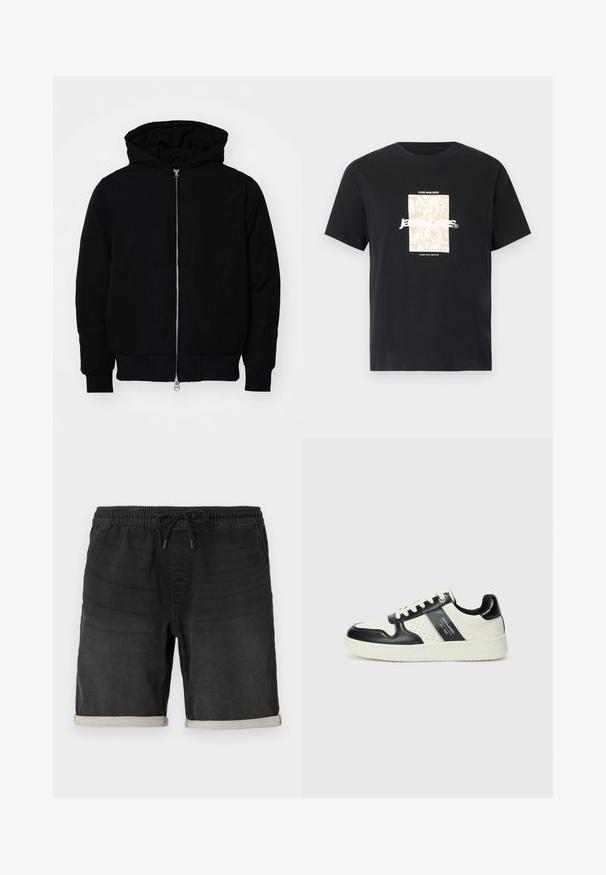 Chaqueta negra con capucha, cierre frontal, bolsillo tipo canguro, y puños y dobladillo acanalados, exhibida sobre un fondo blanco liso.; Camiseta de algodón negra con cuello redondo. Presenta un gráfico rectangular beige y texto blanco, "JAWO," centrado en la parte delantera. Mangas cortas.; Pantalones cortos de mezclilla negra con una cinturilla elástica y cordón. Presentan dobladillos enrollados y sutiles variaciones de textura en toda la prenda.; Zapatillas de cuero con un esquema de colores negro y crema, que cuentan con acentos perforados, un collar acolchado y una suela texturizada.