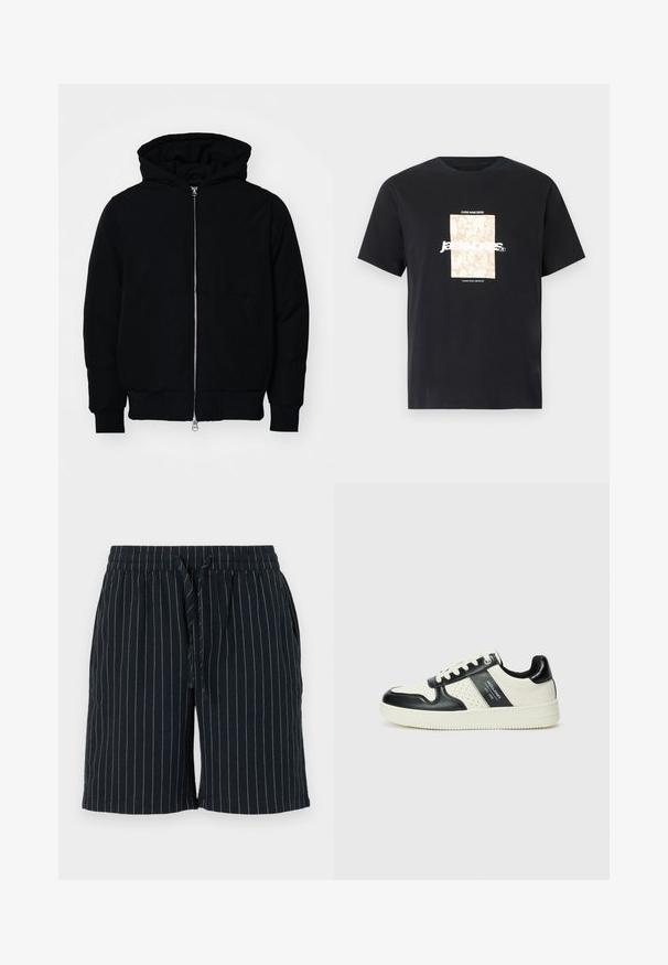 Črna kapuca jakna s sprednjim zadrgo, kenguru žepom, rebrastimi manšetami in hemom, razstavljena na enostavni beli ozadju.; Črna bombažna majica s krožnim izrezom. Ima bež pravokoten grafični vzorec in belo besedilo "JAWO," sredi spredaj. Kratke rokave.; Temno modri šortki z navpičnimi svetlimi črtami, elastičnim pasom, zavezanjem in stranskimi žepi. Narejeni so iz lahkega blaga.; Usnjeni športni čevlji z črno in krem barvno shemo, ki vključujejo perforirane dodatke, podložen ovratnik in strukturirano podplat.