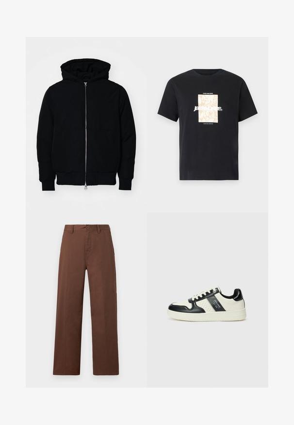 Schwarze Kapuzenjacke mit Frontreißverschluss, Kängurutasche, gerippten Bündchen und Saum, auf einem schlichten weißen Hintergrund präsentiert.; Schwarzes Baumwoll-T-Shirt mit Rundhalsausschnitt. Hat eine beige rechteckige Grafik und weißen Text "JAWO", zentriert auf der Vorderseite. Kurze Ärmel.; Braune weit geschnittene Hose aus glattem Baumwollstoff. Verfügt über einen Knopfverschluss, Gürtelschlaufen und zwei Fronttaschen.; Leder-Sneaker in Schwarz- und Cremetönen, mit perforierten Akzenten, einem gepolsterten Kragen und einer strukturierten Laufsohle.