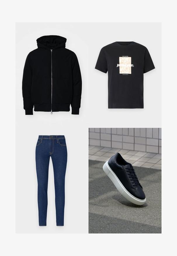 Juodas gobtuvėlis su priekiniu užtrauktuku, kengūros tipo kišene, lygiais rankogaliais ir apvadu, pateiktas ant vientiso balto fono.; Juodas medvilninis marškinėliai su apvaliu kaklu. Ant priekinės pusės yra smėlio spalvos stačiakampis grafikas ir baltas tekstas "JAWO", centrinėje dalyje. Trumpi rankoviai.; Lieknos džinsai tamsiai mėlynos spalvos denimo su oranžinėmis siūlėmis. Savybės: du priekiniai kišenės ir sagčių uždarymas. Lygus paviršius su prigludusiu dizainu.; Juodas odinis sportbačius su apvaliu pirštu ir baltu gumuotu padu. Turi plokščias raišteles ir minimalų siuvimą viršuje. Padangos tekstūra užtikrina sukibimą.