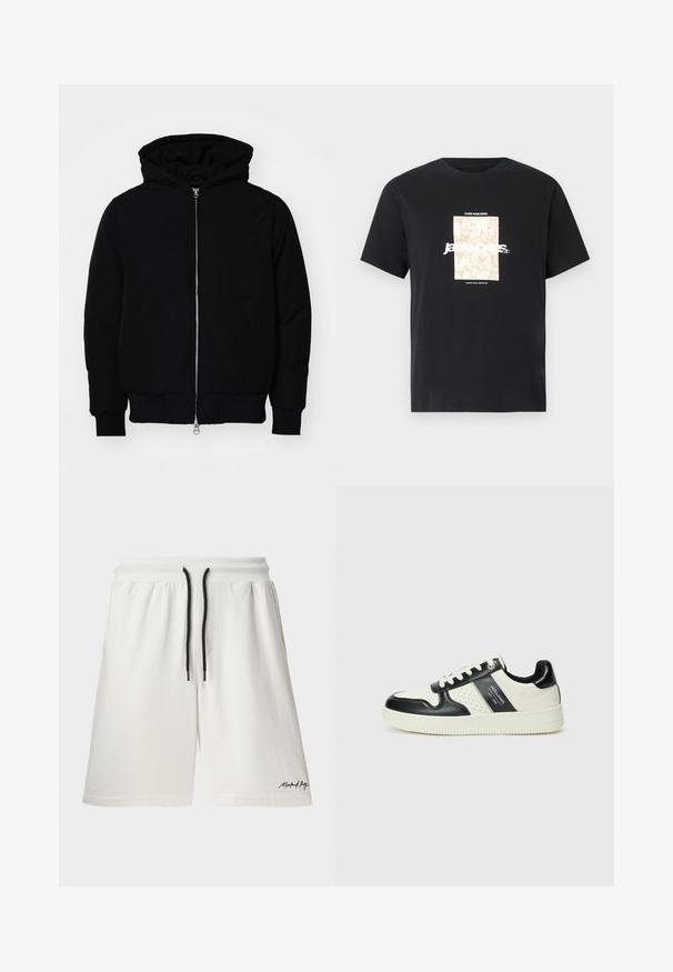 Černá kapucňová bunda s předním zipem, klokaní kapsou, vroubkovanými manžetami a spodním lemem, vystavená na čistém bílém pozadí.; Černé bavlněné tričko s kulatým výstřihem. Na přední straně se nachází béžová obdélníková grafika a bílý text "JAWO" vycentrovaný uprostřed. Krátké rukávy.; Bílé bavlněné šortky s elastickým pasem na šňůrku a černými akcenty. Mají boční kapsy a malé logo na lemu. Měkká textura.; Kožené tenisky s černobílou barevnou kombinací, které mají perforované detaily, polstrovaný límec a texturovanou podrážku.