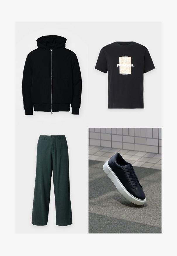 Črna kapuca jakna s sprednjim zadrgo, kenguru žepom, rebrastimi manšetami in hemom, razstavljena na enostavni beli ozadju.; Črna bombažna majica s krožnim izrezom. Ima bež pravokoten grafični vzorec in belo besedilo "JAWO," sredi spredaj. Kratke rokave.; Zelena kordurojska široka hlače s ravnim krojem; z gumbom za zapiranje in dvema stranskima žepoma. Teksturirano, rebrasto blago.; Črne usnjene superge z zaobljenim prstom in belim gumijastim podplat. Imajo ravne vezalke in minimalno šivanje na zgornjem delu. Teksturirani podplat za oprijem.