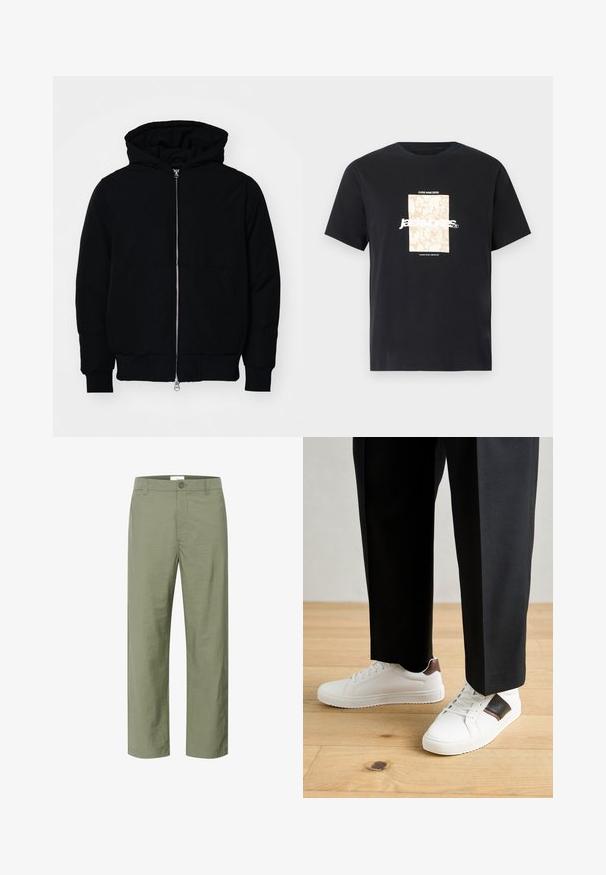 Juodas gobtuvėlis su priekiniu užtrauktuku, kengūros tipo kišene, lygiais rankogaliais ir apvadu, pateiktas ant vientiso balto fono.; Juodas medvilninis marškinėliai su apvaliu kaklu. Ant priekinės pusės yra smėlio spalvos stačiakampis grafikas ir baltas tekstas "JAWO", centrinėje dalyje. Trumpi rankoviai.; Šviesiai alyvuogių žalios kelnės, pagamintos iš lygaus, lengvo audinio. Yra priekinis mygtuko užsegimas ir klasikinis tiesus kelnių siluetas.; Balti sportbačiai su glotnia danga, puošti rudais odiniais akcentais ir juodais detalėmis, derinami su juodais pritaikytais kelnėmis. Medinių grindų fonas.