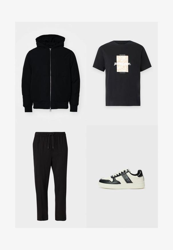 Black hooded jacket with front zipper, kangaroo pocket, ribbed cuffs, and hem, displayed on a plain white background.; Black cotton t-shirt with round neck. Features a beige rectangular graphic and white text, "JAWO," centered on the front. Short sleeves.; Only & Sons ONSSEJER PANT - Trousers - black; Leather sneakers with a black and cream color scheme, featuring perforated accents, a padded collar, and a textured outsole.