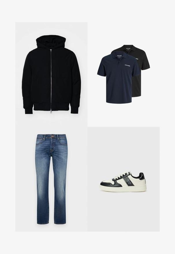 Melna kapucēta jaka ar priekšējo rāvējslēdzēju, kenguru kabatu, ribinātām aprocēm un apakšmalu, parādīta uz vienkārša balta fona.; Divi polo krekli: viens tumši zils ar baltu logotipu un otrs melns. Abiem ir klasiskā apkakle un īsas piedurknes, tie izgatavoti no viegla auduma.; Denim bikses vidējā zila tonī, ar taisnu kāju griezumu. Vidēja augstuma jostasvieta ar nedaudz izbalējušu krāsu un kontrastējošu šuvumu. Piecu kabatu dizains.; Ādas sporta apavi ar melnbaltu krāsu shēmu, ar perforētiem akcentiem, mīkstinātu apkakli un teksturētu zoli.