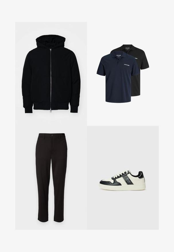 Črna kapuca jakna s sprednjim zadrgo, kenguru žepom, rebrastimi manšetami in hemom, razstavljena na enostavni beli ozadju.; Dve polo majice: ena mornarsko modra z belo oznako in ena črna. Obe imata klasičen ovratnik in kratke rokave, izdelani so iz lahkega materiala.; Črne hlače iz lahkega materiala, s pravimi hlačnicami, sprednjim gumbom za zapiranje, zankami za pas in stranskimi žepi.; Usnjeni športni čevlji z črno in krem barvno shemo, ki vključujejo perforirane dodatke, podložen ovratnik in strukturirano podplat.