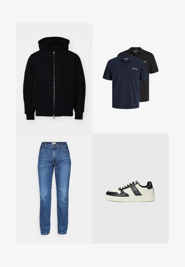 Chaqueta negra con capucha, cierre frontal, bolsillo tipo canguro, y puños y dobladillo acanalados, exhibida sobre un fondo blanco liso.; Dos camisetas polo: una azul marino con logo blanco y otra negra. Ambas cuentan con un cuello clásico y mangas cortas, hechas de un tejido ligero.; Vaqueros de mezclilla azul con un diseño de pierna recta, que cuentan con cinco bolsillos, un cierre de botón y cremallera, y un ligero desgaste para texturizar.; Zapatillas de cuero con un esquema de colores negro y crema, que cuentan con acentos perforados, un collar acolchado y una suela texturizada.