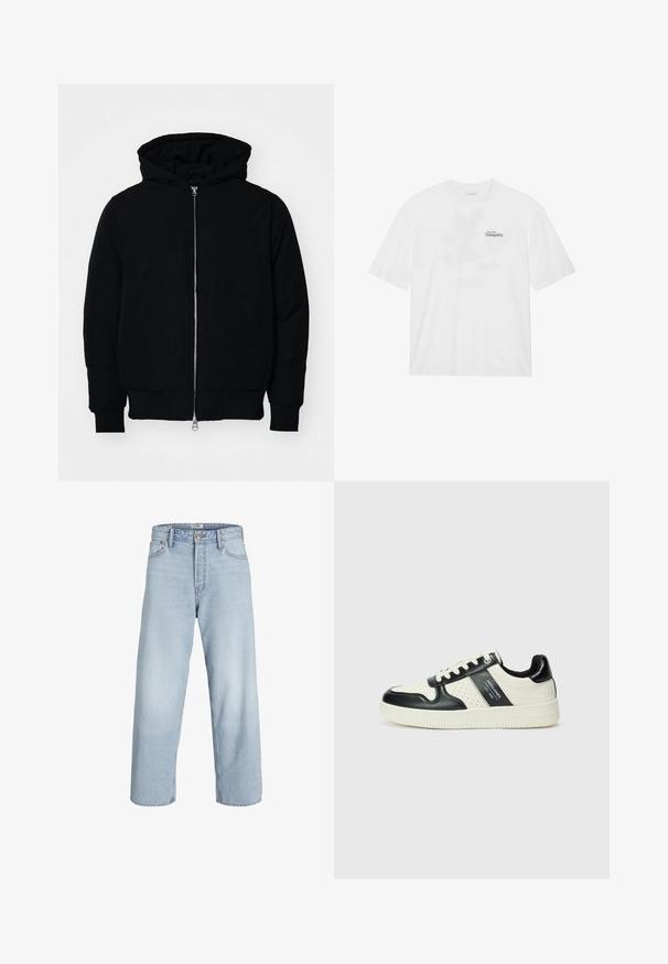 Svart huoodiejacka med framdragkedja, känguruficka, ribbade ärmslut och nederkant, uppställd mot en vit bakgrund.; Vit bomullströja med kort ärm, med en framprint som läser "Lyft mot Lugnet" i svart och grönt.; Ljusblå denimjeans med hög midja, vida ben och rak skärning. Har klassisk knäppning och fem fickors design.; Läder sneakers med en svart och krämfärgad färgsättning, med perforerade detaljer, en vadderad krage och en strukturerad yttersula.