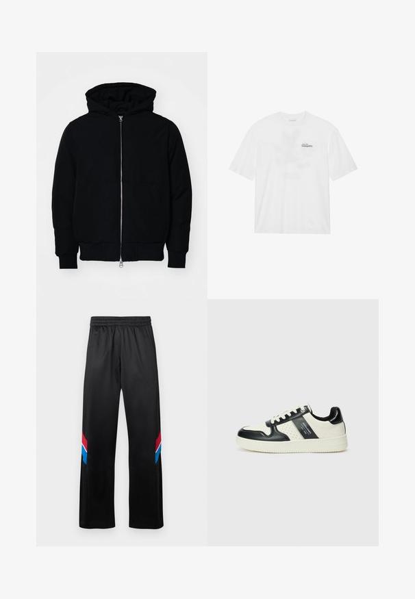 Fekete kapucnis dzseki elülső cipzárral, kenguruzsebbel, bordázott mandzsettákkal és aba, egy sima fehér háttér előtt.; Fehér pamut póló rövid ujjakkal, a mellrészen fekete és zöld felirattal, ami ezt olvassa: "Szállj a nyugalomba".; Fekete sportnadrág rugalmas derékpánttal. A külső oldalán piros és kék diagonális csíkokkal díszítve. Simító, könnyű anyag.; Fekete és krém színű bőrsneaker, perforált díszítésekkel, párnázott bokapánttal és texturált talppal.