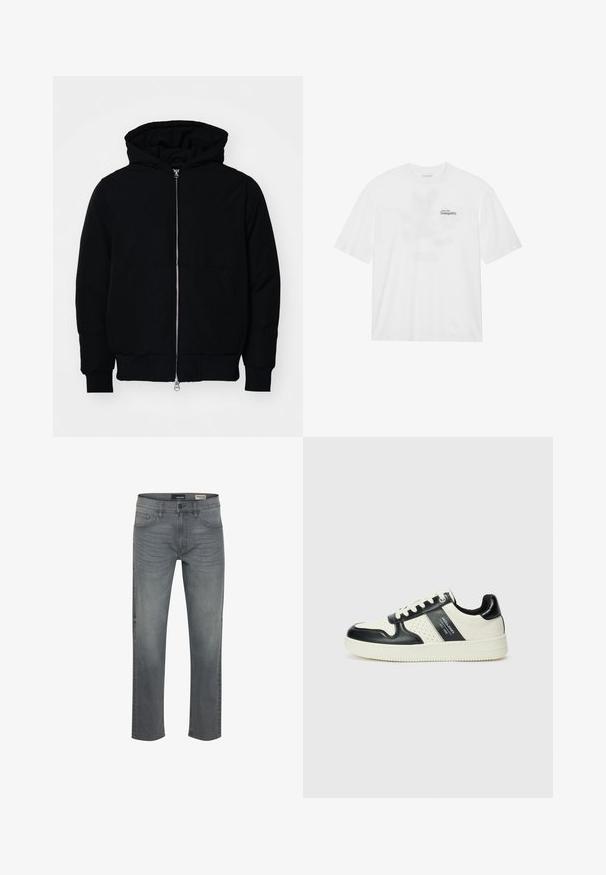 Czarna kurtka z kapturem, z suwakiem z przodu, kieszenią kangurką, ściągaczami przy mankietach i dolnym brzegu, prezentowana na jednolitym białym tle.; Biała bawełniana koszulka z krótkim rękawem, z nadrukiem na przodzie, który głosi "Wznieś się ku spokoju" w czerni i zieleni.; Szare dżinsy z denimu o prostym kroju. Posiadają pięć kieszeni, zapięcie na guziki oraz subtelne teksturowane detale. Talia o średnim stanie.; Skórzane sneakersy w czarno-kremowym schemacie kolorystycznym, z perforowanymi akcentami, wyściełanym kołnierzem i teksturowaną podeszwą.