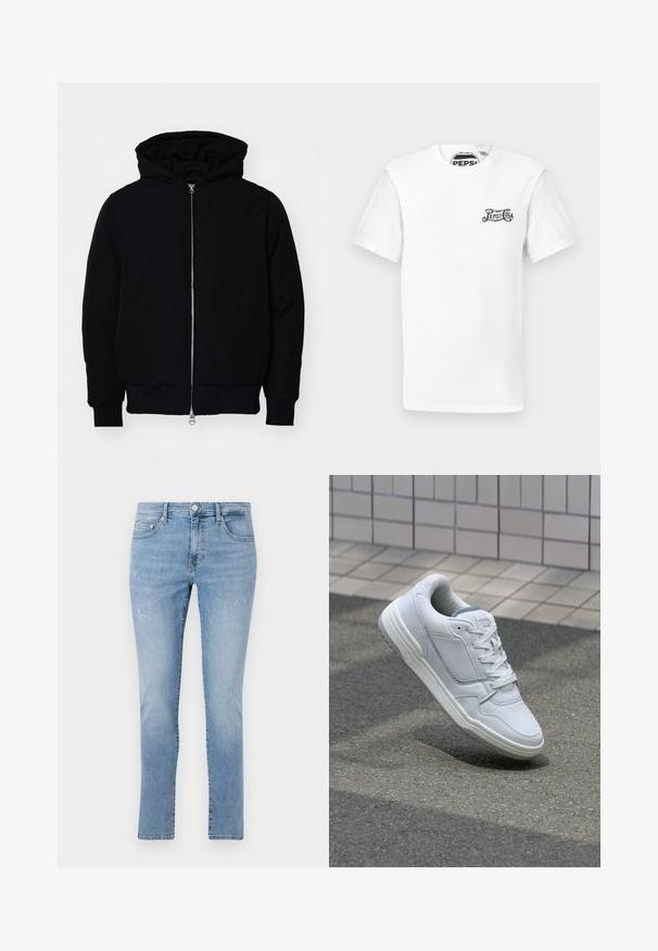 Melna kapucēta jaka ar priekšējo rāvējslēdzēju, kenguru kabatu, ribinātām aprocēm un apakšmalu, parādīta uz vienkārša balta fona.; Balta īsām piedurknēm T-kreklā ar apaļo kakla izgriezumu un mazu melnu "Pepsi-Cola" logo kreisajā krūtī, kā arī ar zīmola etiķeti uz kakla.; Gaiši zili džinsu bikses ar taisnu kāju, ar nolietotu dizainu, piecu kabatu stilu un metāla pogu aparatūru jostasvietā.; Baltas ādas sporta apavi ar perforētiem sāniem, teksturētām akcentiem, plakanu šņorēšanu un kontrastējošu pelēku papēdi. Iezīmē nedaudz paaugstinātu zole.