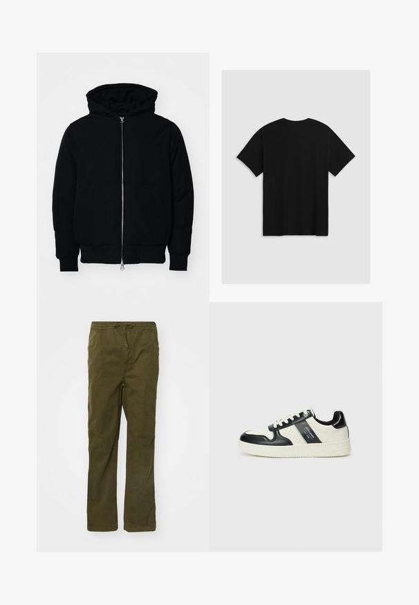 Zwarte hoodie met rits aan de voorkant, kangoeroe-pocket, geribbelde manchetten en zoom, weergegeven op een effen witte achtergrond.; Levi's® BOXTAB - T-shirt print - boxtab in black bas; Katoenen cargobroek in olijfgroen, met een trekkoord in de taille, rechte pijpen, zijzakken en een gladde textuur.; Leren sneakers met een zwart en crèmekleurig kleurenschema, voorzien van geperforeerde accenten, een gevoerde kraag en een gestructureerde buitenzool.