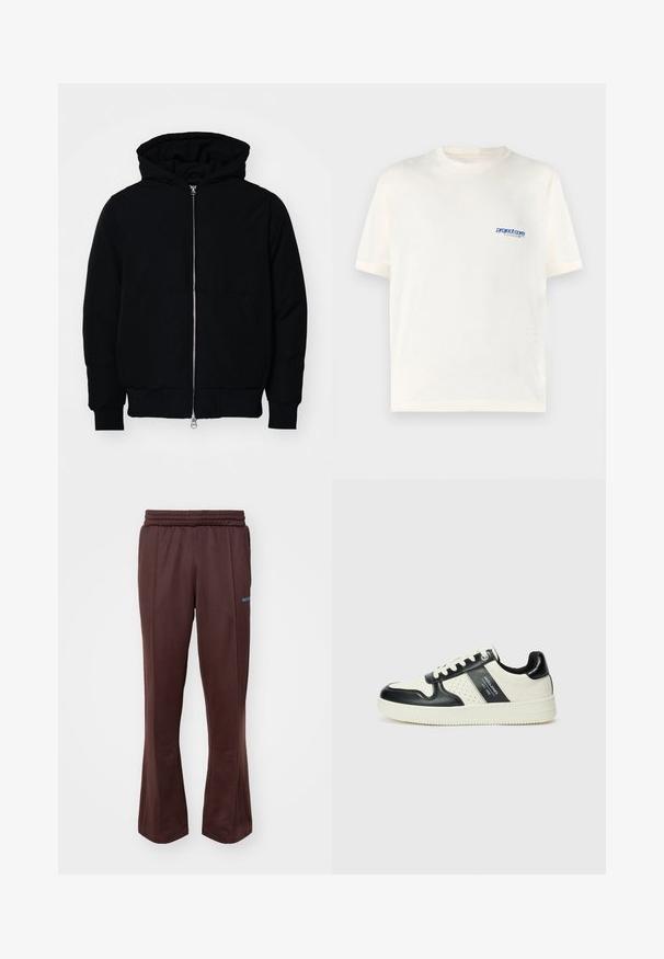 Melna kapucēta jaka ar priekšējo rāvējslēdzēju, kenguru kabatu, ribinātām aprocēm un apakšmalu, parādīta uz vienkārša balta fona.; Krēma krāsas T-krekls ar īsām piedurknēm, izgatavots no mīkstas kokvilnas, ar mazu zilu drukātu logotipu kreisajā krūšu daļā. Klasiska apaļā kakla dizains.; Brūnas sporta bikses ar izplūdušu dizainu, izgatavotas no mīksta auduma, ar elastīgu jostasvietu un gaismas zilo logotipa akcentu sānos.; Ādas sporta apavi ar melnbaltu krāsu shēmu, ar perforētiem akcentiem, mīkstinātu apkakli un teksturētu zoli.