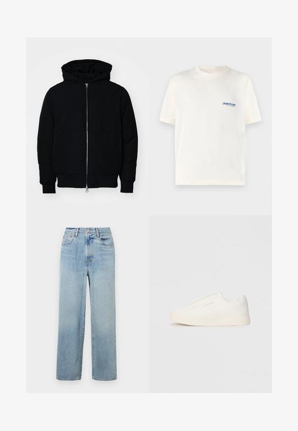 Črna kapuca jakna s sprednjim zadrgo, kenguru žepom, rebrastimi manšetami in hemom, razstavljena na enostavni beli ozadju.; Kratka kremna majica s kratkimi rokavi, izdelana iz mehkega bombaža, z majhnim modrim potiskanim logotipom na levi strani prsnega koša. Klasična zasnova s krožnim ovratnikom.; Svijetloplave traperice ravnog kroja s visokim strukom, koje imaju pet džepova i suptilno izbljeđivanje. Rafinirani rub i kontrastne šavove.; Bele zapete brez vezalk z teksturirano površino, debelim podplatom in minimalističnim dizajnom. Na strani se nahaja logotip blagovne znamke.
