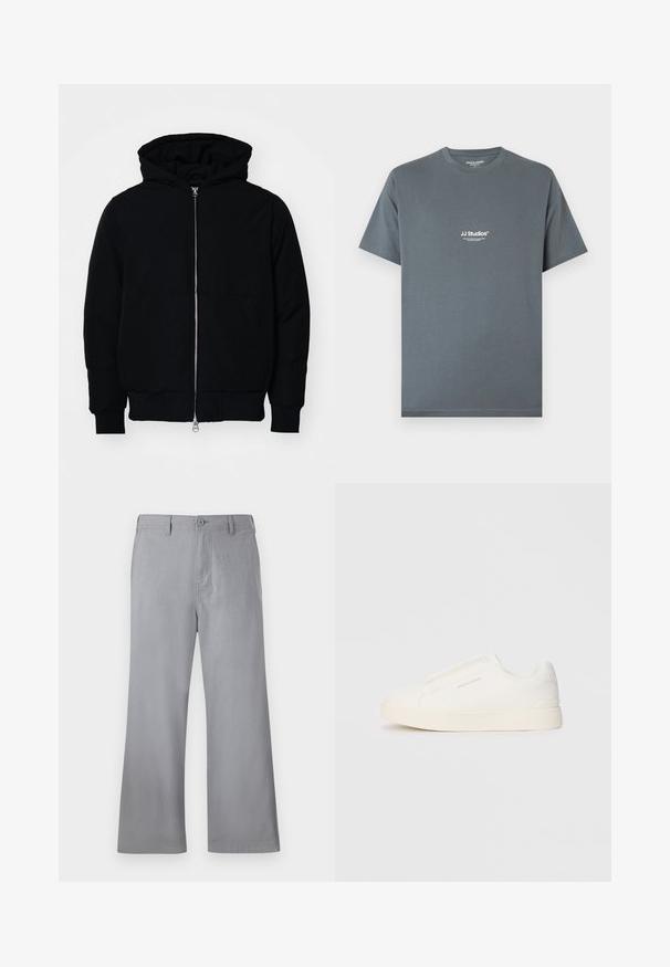 Crna kapuška jakna s prednjim zatvaračem, kenguru džepom, rebrastim manžetama i rubom, prikazana na običnoj bijeloj pozadini.; Siva pamučna majica s okruglim izrezom. Ima bijeli natpis "JJ Studios" na prsima. Kratki rukavi i opušteni kroj.; Sive široke hlače od mekog materijala, s prednjim kopčanjem na dugme, petljama za remen i čistim dizajnom bez vidljivih uzoraka ili naglasaka.; Bijele slip-on tenisice s teksturiranom površinom, debelim đonom i minimalističkim dizajnom. Sadrže logo branda sa strane.