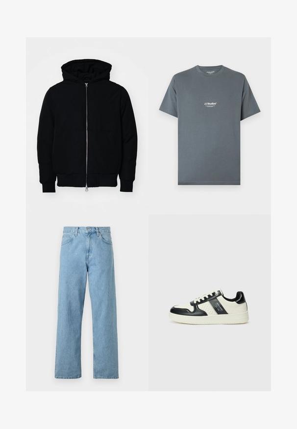 Black hooded jacket with front zipper, kangaroo pocket, ribbed cuffs, and hem, displayed on a plain white background.; Gray cotton T-shirt with a round neck. Features white "JJ Studios" branding on the chest. Short sleeves and a relaxed fit.; Light blue denim jeans with a straight leg design, five pockets, button and zipper closure, and a slightly faded finish.; Leather sneakers with a black and cream color scheme, featuring perforated accents, a padded collar, and a textured outsole.