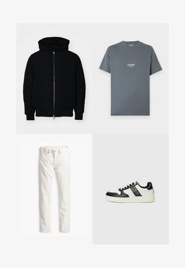 Juodas gobtuvėlis su priekiniu užtrauktuku, kengūros tipo kišene, lygiais rankogaliais ir apvadu, pateiktas ant vientiso balto fono.; Pilkas medvilninis marškinėlis su apvalia iškirpte. Krūtinėje yra baltas "JJ Studios" prekės ženklas. Trumpomis rankovėmis ir laisvo kirpimo.; Balti džinsai su tiesiu kirpimu, penkiomis kišenėmis, vario mygtuku ir nuleidimais, bei subtiliai tekstūruota medžiaga. Nėra matomų raštų.; Odiniai sportbačiai juodos ir kreminės spalvų schemoje, su perforuotais akcentais, paminkštinta apykakle ir tekstūruotu padu.