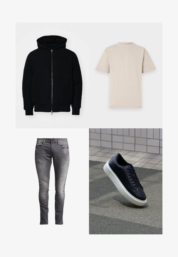 Svart hettejakke med frontglidelås, kengurulomme, ribbestrikket mansjetter og søm, vist på en ensfarget hvit bakgrunn.; Beige t-skjorte med kort erme, rund hals, laget av glatt bomullsstoff, med en avslappet passform og uten synlige mønstre eller utsmykninger.; Grå denim skinny jeans med en falmet finish, som har subtil slitasje, et klassisk fem-lomme design og metallknapp-lukking.; Sorte skinnsneakers med rund tå og hvit gummisåle. Har flate lisser og minimal søm på overdelen. Strukturert såle for grep.