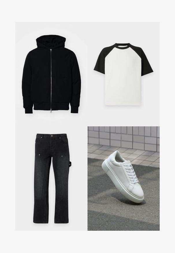 Černá kapucňová bunda s předním zipem, klokaní kapsou, vroubkovanými manžetami a spodním lemem, vystavená na čistém bílém pozadí.; Černé a bílé tričko s krátkým rukávem s žebrovanou strukturou; má raglánové rukávy a kulatý výstřih.; Černé džíny se rovný střih, dvě přední kapsy, viditelné švy a detail bočního pásku.; Bílé kožené tenisky s hladkým povrchem, kulatou špičkou a plochými bílými tkaničkami. Disponují texturovanou gumovou podrážkou a minimálními designovými prvky.