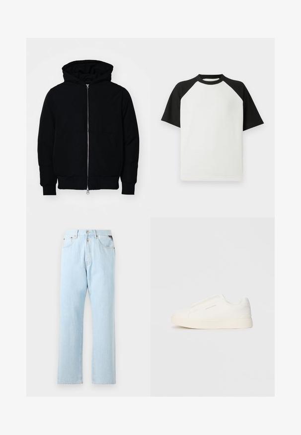 Jachetă neagră cu glugă, cu fermoar în față, buzunar tip kangaroo, mansete și tiv ribbed, prezentată pe un fundal alb simplu.; Tricou scurt cu maneca scurta, alb-negru, cu o textura ribbed; are maneci raglan si un gat rotund.; Jeans din denim de culoare albastră deschisă, cu un design drept. Include un închidere cu buton și fermoar, cinci buzunare și cusături în contrast.; Tenisi albi slip-on cu o suprafață texturată, talpă groasă și un design minimalist. Prezintă logo-ul brandului pe lateral.