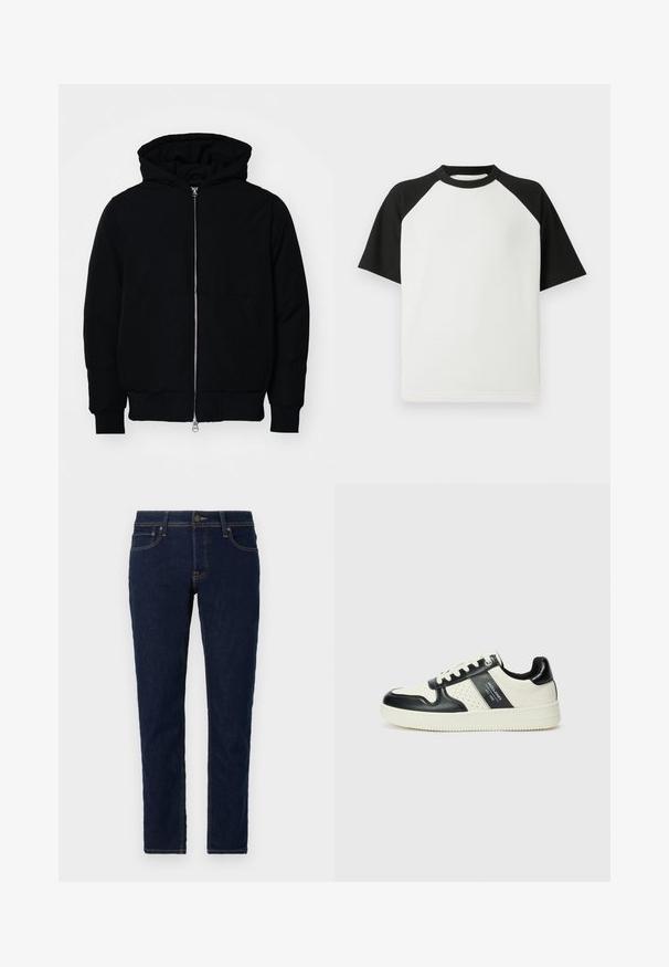 Črna kapuca jakna s sprednjim zadrgo, kenguru žepom, rebrastimi manšetami in hemom, razstavljena na enostavni beli ozadju.; Črno-bela kratkotrajna majica s kratkimi rokavi z rebrasto teksturo; ima raglan rokave in okroglo ovratnico.; Temno modri jeans z ožjim krojem. Ima standardno zasnovo s petimi žepi, kontrastno šivanje in kovinsko zaponko.; Usnjeni športni čevlji z črno in krem barvno shemo, ki vključujejo perforirane dodatke, podložen ovratnik in strukturirano podplat.