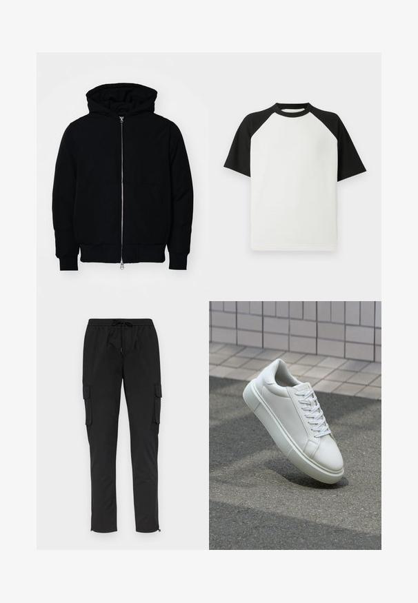 Sort hættejakke med frontlynlås, kængurulomme, ribbede manchetter og kant, præsenteret på en ensfarvet hvid baggrund.; Sort og hvid kortærmet t-shirt med ribbet tekstur; har raglanærmer og rund hals.; Sorte cargo bukser med elastisk talje og snøre, med sidelommer og lynlåsmanchetter, lavet af letvægtsstof.; Hvide lædersneakers med en glat overflade, rund tå og flade hvide snørebånd. Har en tekstureret gummisål og minimalt design.
