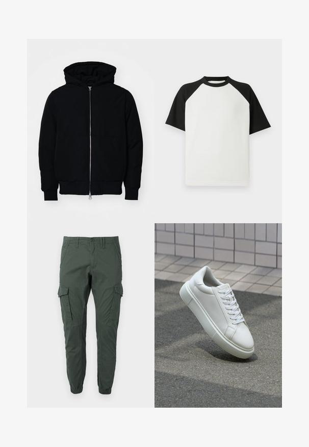 Melna kapucēta jaka ar priekšējo rāvējslēdzēju, kenguru kabatu, ribinātām aprocēm un apakšmalu, parādīta uz vienkārša balta fona.; Melnā un baltā īsām piedurknēm T-kreklā ar ribotu tekstūru; tam ir raglanu piedurknes un apaļa kakla izgriezums.; Jack & Jones JPSTPAUL FLAKE - Armijas stila bikses - urban chic; Baltas ādas sporta apavi ar gludu virsmu, apaļu pirkstu un plakanām baltām šņorēm. Iezīmējas ar strukturētu gumijas zoli un minimālisma dizaina elementiem.