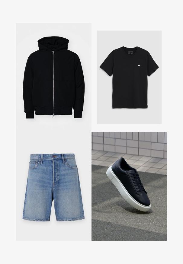 Veste à capuche noire avec fermeture éclair sur le devant, poche kangourou, poignets et ourlet côtelés, présentée sur un fond blanc uni.; T-shirt en coton noir à manches courtes, col rond, présentant un petit logo blanc Levi's sur la poitrine, texture lisse, coupe classique.; Shorts en denim de couleur bleu clair, avec une taille haute, un design traditionnel à cinq poches et des coutures contrastantes le long des coutures.; Baskets noires en cuir avec bout arrondi et semelle en caoutchouc blanc. Elles présentent des lacets plats et une couture minimale sur la tige. Semelle texturée pour une bonne adhérence.
