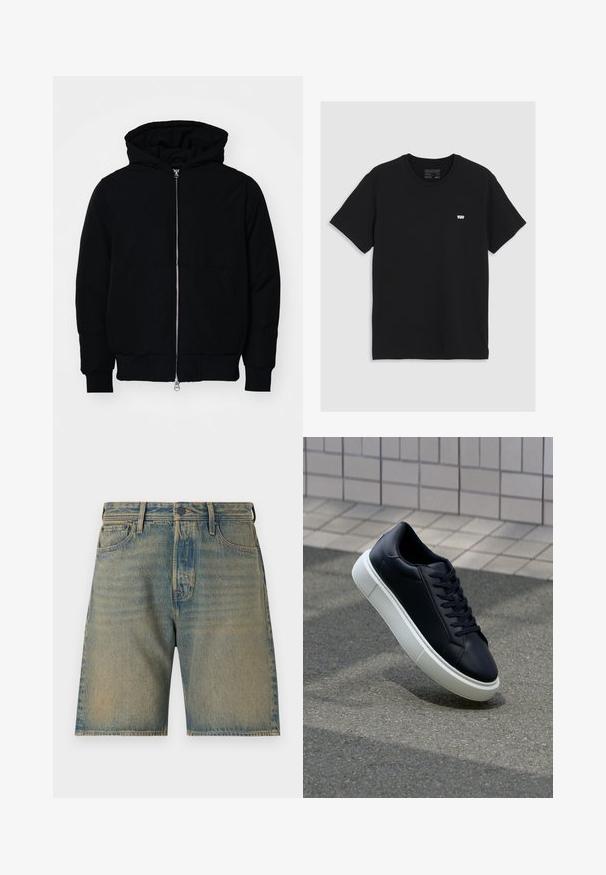 Veste à capuche noire avec fermeture éclair sur le devant, poche kangourou, poignets et ourlet côtelés, présentée sur un fond blanc uni.; T-shirt en coton noir à manches courtes, col rond, présentant un petit logo blanc Levi's sur la poitrine, texture lisse, coupe classique.; Shorts en denim bleu clair avec un délavage. Comprend cinq poches, une fermeture éclair, un bouton, et des coutures robustes sur les bords.; Baskets noires en cuir avec bout arrondi et semelle en caoutchouc blanc. Elles présentent des lacets plats et une couture minimale sur la tige. Semelle texturée pour une bonne adhérence.