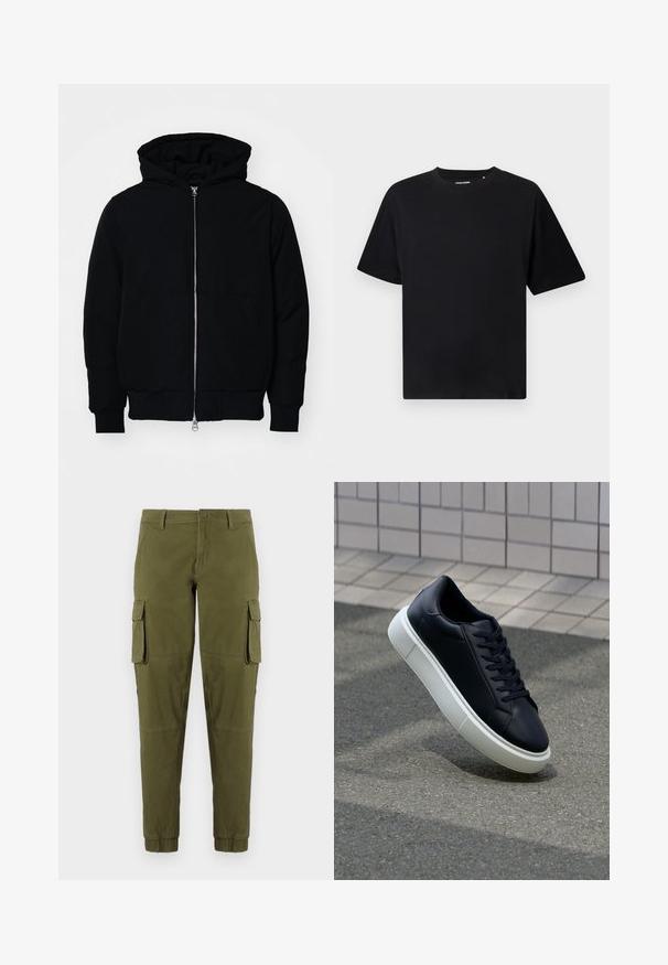 Svart hettejakke med frontglidelås, kengurulomme, ribbestrikket mansjetter og søm, vist på en ensfarget hvit bakgrunn.; Svart kortermet T-skjorte med rund hals og en avslappet passform, vist på hvit bakgrunn.; Olivenfargede cargo-bukser med elastiske mansjetter, som har to sideskjøte lommer, en frontknap-lukking, og glatt, lett stoff.; Sorte skinnsneakers med rund tå og hvit gummisåle. Har flate lisser og minimal søm på overdelen. Strukturert såle for grep.