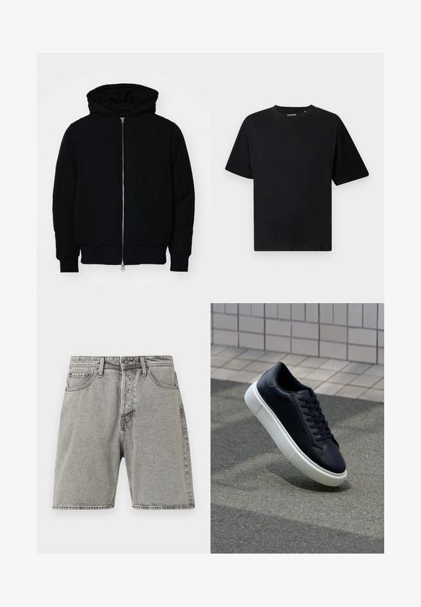 Černá kapucňová bunda s předním zipem, klokaní kapsou, vroubkovanými manžetami a spodním lemem, vystavená na čistém bílém pozadí.; Černé triko s krátkým rukávem a kulatým výstřihem, volného střihu, zobrazené na bílém pozadí.; Šedé džínsové šortky s klasickým střihem, pěti kapsami a viditelným šitím. Obsahují zapínání na přední knoflík a mírně vybledlou texturu.; Černé kožené tenisky s kulatou špičkou a bílou gumovou podrážkou. mají ploché tkaničky a minimální šití na svršku. Texturovaná podrážka pro lepší přilnavost.