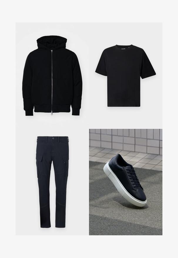 Svart hettejakke med frontglidelås, kengurulomme, ribbestrikket mansjetter og søm, vist på en ensfarget hvit bakgrunn.; Svart kortermet T-skjorte med rund hals og en avslappet passform, vist på hvit bakgrunn.; Cargo bukser i mørk marineblå stof med flere lommer, herunder sidelommer og synlige syninger. Slim-fit design.; Sorte skinnsneakers med rund tå og hvit gummisåle. Har flate lisser og minimal søm på overdelen. Strukturert såle for grep.