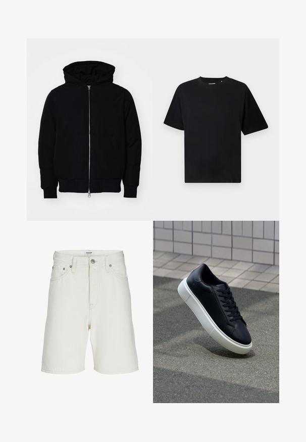 Zwarte hoodie met rits aan de voorkant, kangoeroe-pocket, geribbelde manchetten en zoom, weergegeven op een effen witte achtergrond.; Zwarte T-shirt met korte mouwen en ronde hals in een relaxed fit, weergegeven op een witte achtergrond.; Witte denim shorts met een rechte pasvorm, voorzien van een rits, vijf zakken en metalen hardware voor sluiting en accenten.; Zwarte leren sneaker met een ronde neus en een witte rubberen zool. Voorzien van platte veters en minimale stiksels op het bovenwerk. Textuurrijke zool voor grip.