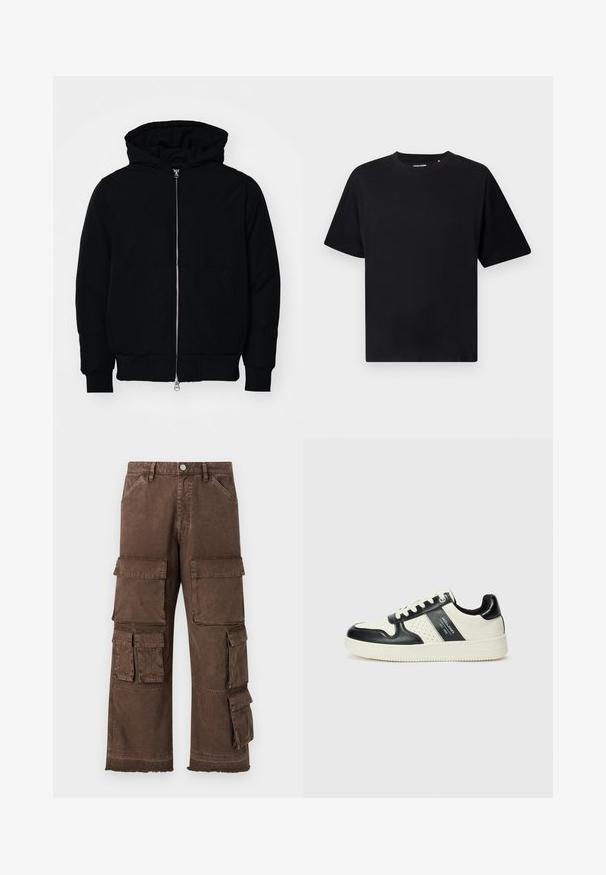 Juodas gobtuvėlis su priekiniu užtrauktuku, kengūros tipo kišene, lygiais rankogaliais ir apvadu, pateiktas ant vientiso balto fono.; Juodas trumpas rankovėmis T-marškiniai su apvaliu kaklu, atsipalaidavusio silueto, pristatyti ant baltos fono.; Rudos cargo kelnės su laisvu siluetu, keliais šoninėmis kišenėmis ir nuskustais kraštais. Pagamintos iš tvirto, tekstūruoto audinio, užtikrinančio patvarumą.; Odiniai sportbačiai juodos ir kreminės spalvų schemoje, su perforuotais akcentais, paminkštinta apykakle ir tekstūruotu padu.