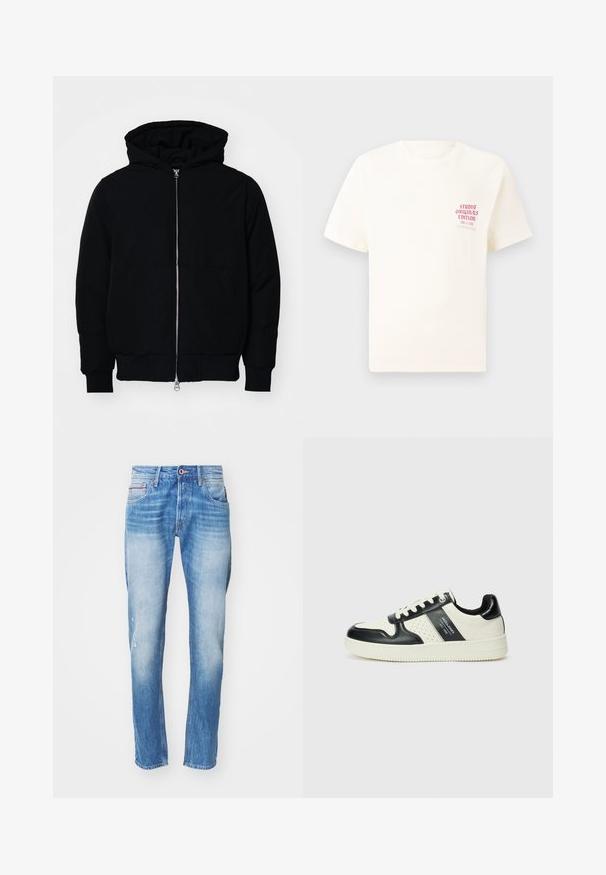 Mustat huppu-untuvatakki, jossa on vetoketju edessä, kenguru-tasku, ribatut hihansuut ja helma, esillä yksinkertaisella valkoisella taustalla.; Valkoinen lyhythihainen t-paita, jossa on punainen teksti "Studio Originals Edition" vasemmalla rinnalla, esitetty neutraalilla harmaalla taustalla.; Vaaleansiniset farkut, joissa on slim fit -malli, haalistuneita kohtia, kulutettu repeämä vasemmassa polvessa ja viiden taskun tyyli.; Nahkakengät musta-kerma värimaailmassa, joissa on rei'itetyt yksityiskohdat, pehmustettu nilkkaosa ja teksturoitu pohja.